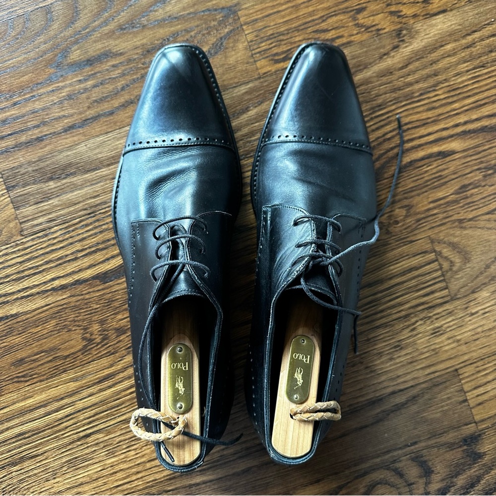 Ermenegildo Zegna Classic Black Leather Cap Toe lace up Derby Oxfords